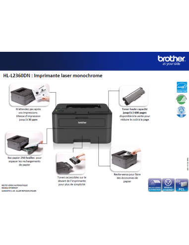 Imprimante laser monochrome d'occasion Brother HL-2150N, A4, 22 ppm, 2400 x 600, USB, réseau - HL-2150N