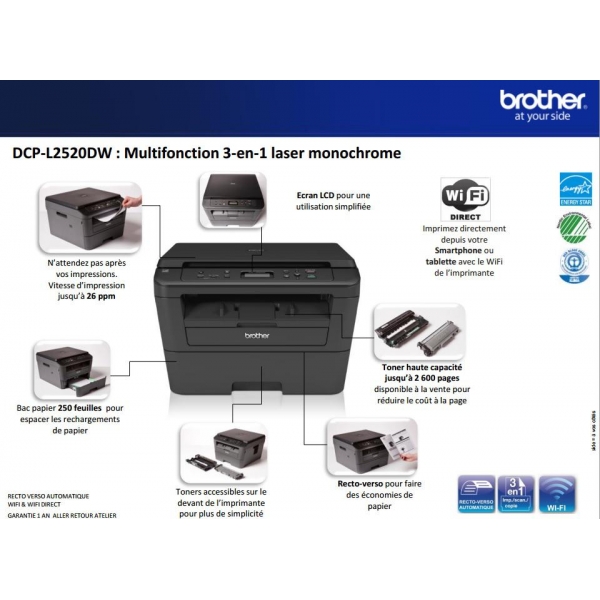 Brother DCP-L2530DW - Imprimante multifonction 3 en 1  (Impression/Scan/Copie) - WIFI/USB 2.0 - Impression Recto Verso - Imprime  jusqu'à 30 pages par minutes : : Informatique