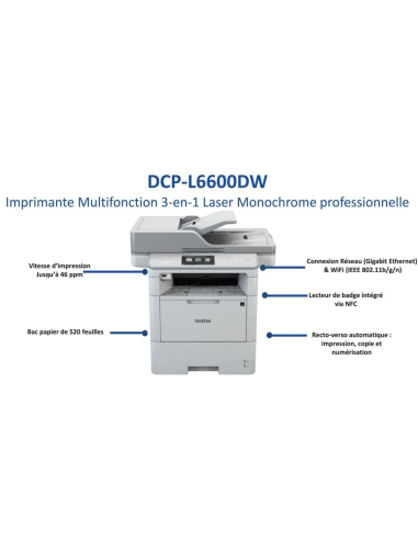 Multifonction laser monochrome Noir et Blanc BROTHER DCP-L6600DW -BUROTIC STORE